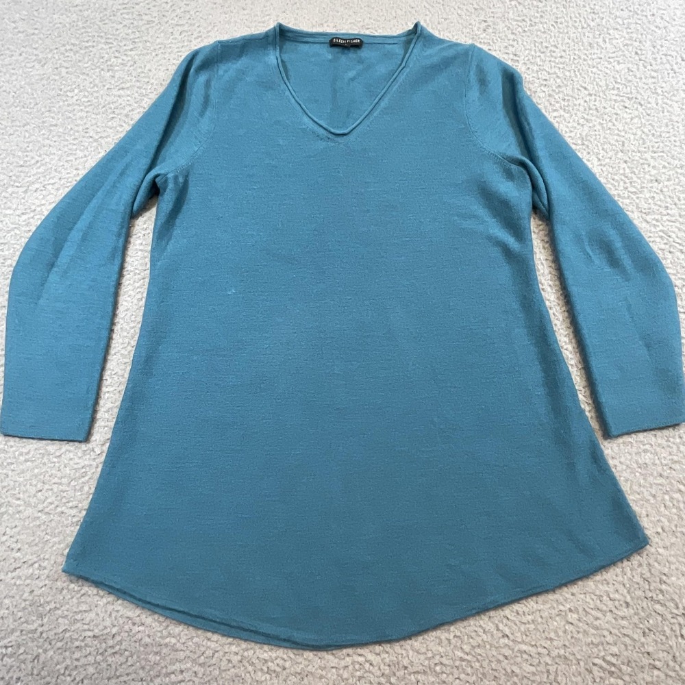 Eileen Fisher Sweater Tunic Womens Large Blue 100% Merino Wool V Neck Knit Top‎